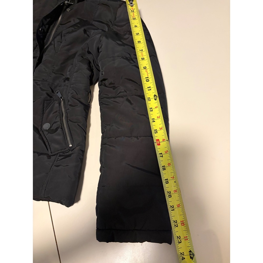 Black Faux Fur Trim Hooded Puffer Jacket Quilted Winter Coat Zip Up Women Small - Picture 8 of 16